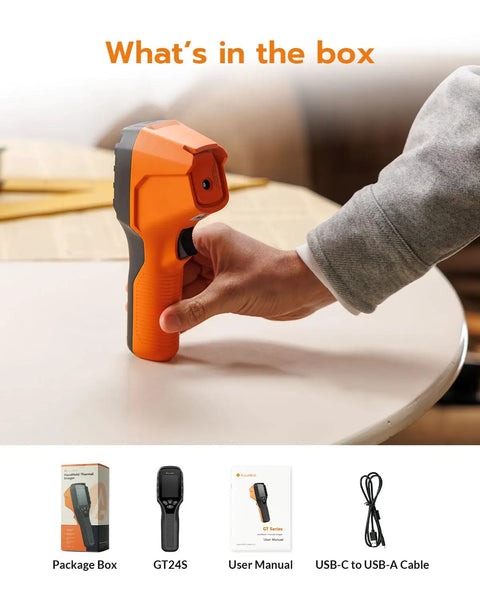 Thermal Imaging Camera With Thermometer Mode For Field Work 320 By 240 Infrared Imaging Native 256 By 192 Sensor Delivers True 256 Level Hardware IQ Deep Learning Upscale To 320 For Crisp Heat Signatures On The Job, package box and USB-C cable