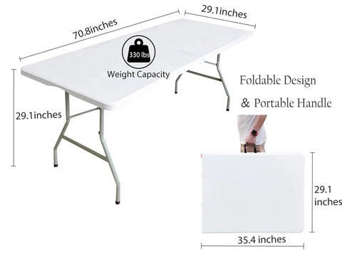 Beefy Six Foot Folding Table With Handle Portable 330Lb Capacity HDPE Top Waterproof And Stain Resistant Rustproof Steel Frame