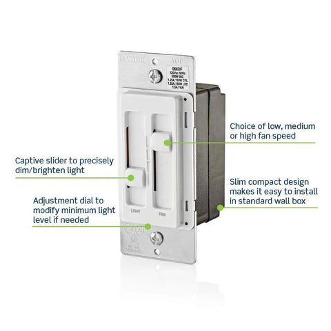 Ceiling Fan Control And Dimmer Switch With Separate Fan Speed And Light Dimmer For LED CFL Halogen And Incandescent Bulbs Plug And Play Setup White 66DF-10W showing slider and adjustment dial.