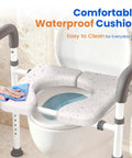 Raised Toilet Seat With Handles For Seniors Cozy Padded Elevation Riser Comfortable 350 Pound Capacity Adjustable Handicap Toilet Riser Gray FSA Eligible Now showing waterproof cushion and adjustable handles.