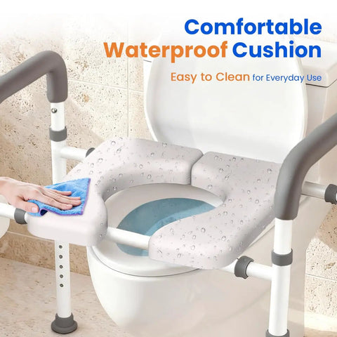 Raised Toilet Seat With Handles For Seniors Cozy Padded Elevation Riser Comfortable 350 Pound Capacity Adjustable Handicap Toilet Riser Gray FSA Eligible Now showing waterproof cushion and adjustable handles.