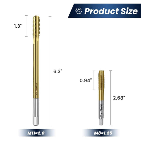 M11x2.0 4-Flute And M8x1.25 3-Flute Thread Tap Set, Tin Coated, Engine Bolt Thread Chaser, Sizes M11x2.0 and M8x1.25 Shown
