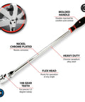 Three Eighths Inch Drive Flex Head Long Ratchet With Pro Grade Chrome Vanadium Steel Build Polished Nickel Chrome Finish features labeled
