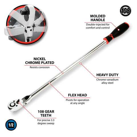 Three Eighths Inch Drive Flex Head Long Ratchet With Pro Grade Chrome Vanadium Steel Build Polished Nickel Chrome Finish features labeled