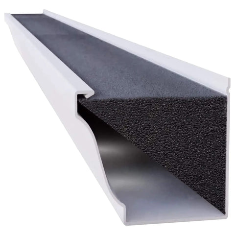 Foam Gutter Guard For 4 Inch K Style Gutters Uncoated Gutter Filter Insert Leaves Year Round Protection With Easy DIY Install And 40 Feet Of Coverage For Home DIY Projects shown inserted in metal gutter