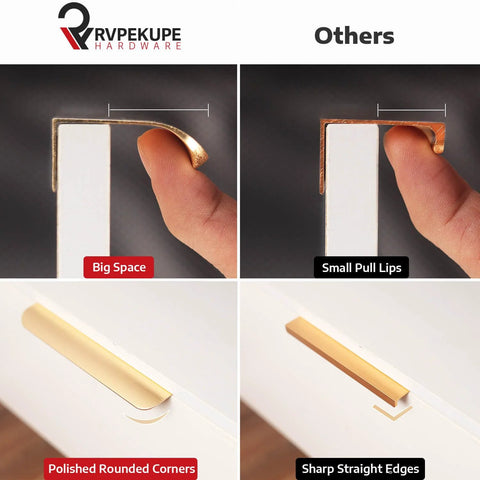 Five Pack Adhesive Edge Pulls For Cabinets No Drill Hidden Drawer Handles showing installation view, brushed gold finish