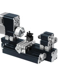 Heavy-Duty Miniature Metal Lathe With Electroplated Finish For DIY Projects showing all-metal construction and motor components.
