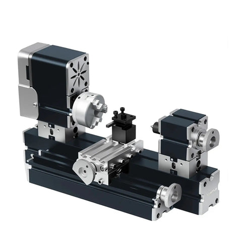 Heavy-Duty Miniature Metal Lathe With Electroplated Finish For DIY Projects showing all-metal construction and motor components.