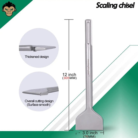 12 Inch SDS Max Drill Bit Set For Rotary Hammer Chisels Point Flat Scaling 3 Pieces With 18mm Shank Ideal For Tile Removal And Concrete Drilling Heavy Duty Demolition scaling chisel close-up