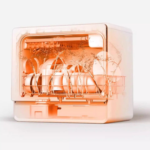 Portable Countertop Dishwasher Fully Automatic Compact Kitchen Essential With Intelligent Air Dry and Spacious Rollout Basket For Tiny Homes Ditch The Sink Grime Quick Cleanup Perfection with water sprays and dishes.