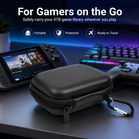Carrying Case For Crucial X10 X9 Pro Portable SSD Box Only Travel Hard Storage Bag on desk with gaming console and keyboard.