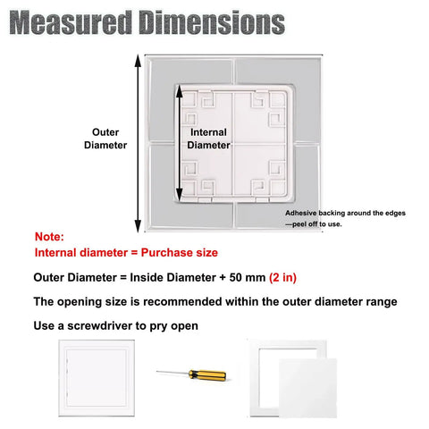 Slick Self Adhesive Access Panel For Hiding Drywall Gaps Concealed Ceiling Door Dead Simple Install Peel Back Wall Patch No Tool Required Snap Fit Inspection Cover White Rectangular 3X3 Inch dimensions and installation guide.