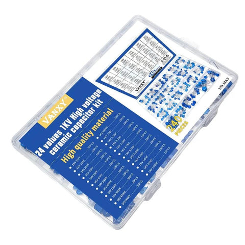 High Voltage Ceramic Disc Capacitor Kit, 1KV DIP, 240 Pieces, 24 Values From 10pF To 100nF in transparent box
