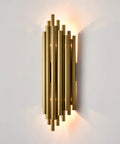 Modern Metal Wall Lamp With Two Light Brass Wall Sconces In Stainless Steel Finish Dope Living Room Wall Lighting Fixture For Two 40W E12 Bulbs Dimmable Energy Efficient, brass vertical tubes, illuminated on white wall