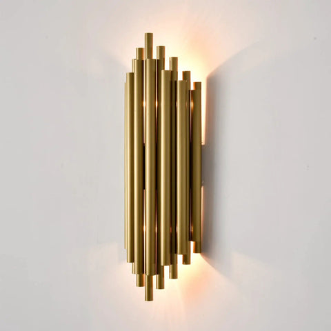 Modern Metal Wall Lamp With Two Light Brass Wall Sconces In Stainless Steel Finish Dope Living Room Wall Lighting Fixture For Two 40W E12 Bulbs Dimmable Energy Efficient, brass vertical tubes, illuminated on white wall
