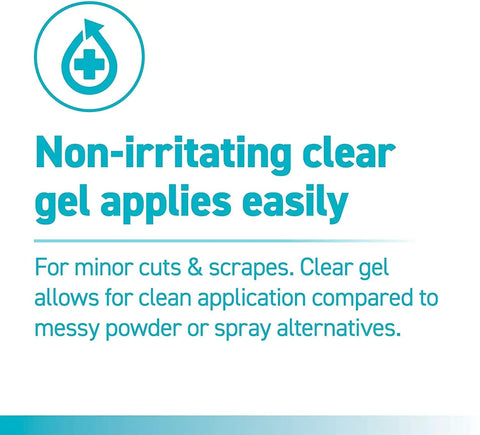 Text image highlighting benefits of Clear Wound Gel That Stops Bleeding In Seconds, Fast Acting First Aid Gel For Minor Cuts, Scrapes And Razor Nicks, Two Tubes Pack For Home, Travel And Emergency Kits