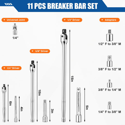 Workhorse Breaker Bar Kit With Rotatable 180 Degree Head Packed With Three Breaker Bars, Three Extension Bars, Four Socket