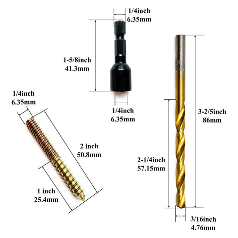 25 Pack 1/4-20 X 2 Inch Hanger Bolts With Rust Proof Zinc Finish Includes Steel Driver And HSS Drill Bit components with measurements