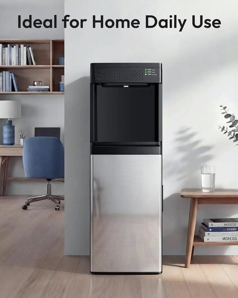 Top Shelf 4-In-1 Countertop Water Dispenser Plus Fast Ice Maker With Bottom Loading Cooler Hands Hot Cold Or Mild Drinks Makes 33 Lbs Of Quick Chill Cubes Daily Boasts Child Lock For 3 5 Gallon Bottles For Smooth Office Hydration In Glossy Black situated in a modern home setting.
