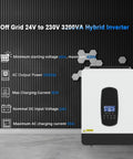 Badass 3200W Solar Inverter 24V To 230V Ac Pure Sine Wave With 80A Mppt Charger showing front view and display, hybrid inverter specs.