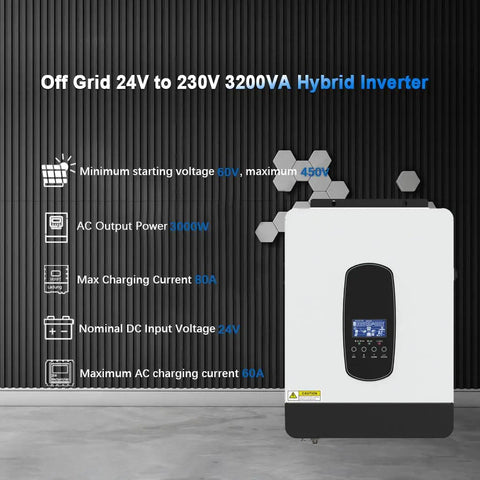 Badass 3200W Solar Inverter 24V To 230V Ac Pure Sine Wave With 80A Mppt Charger showing front view and display, hybrid inverter specs.