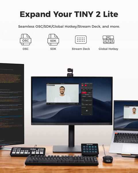 Image of Badass 4k Streaming Webcam For Pc Gaming Featuring Smart Ai Auto Tracking And Rock Solid PTZ Motion Control setup with dual monitors and accessories.