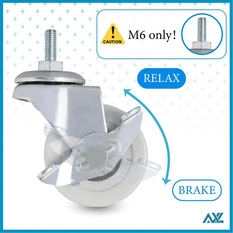 M6 Threaded Stem Caster Wheels 2 Inch PVC Silent No Noise No Scratch Replacement with Brake and Swivel for Shelving and Carts