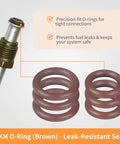 FKM O-Ring kit showing precision-fit O-rings and fuel fitting for 24 Pack FKM Fuel Line O Ring Kit For Quick Connect Fittings 5/16 Inch And 3/8 Inch Replaces 217 452 22514722 22516256 Fits Harley Davidson Cars Boats Small Engines Ready For Quick Maintenance