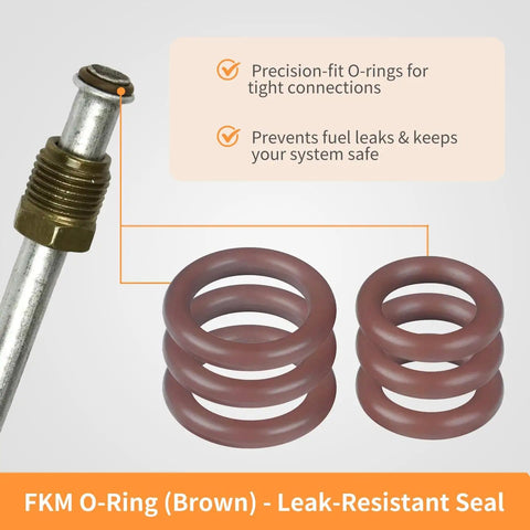 FKM O-Ring kit showing precision-fit O-rings and fuel fitting for 24 Pack FKM Fuel Line O Ring Kit For Quick Connect Fittings 5/16 Inch And 3/8 Inch Replaces 217 452 22514722 22516256 Fits Harley Davidson Cars Boats Small Engines Ready For Quick Maintenance