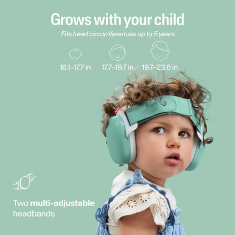 Baby wearing green ear muffs showing adjustable headband fit, Baby Ear Muffs For Hearing Protection With 24 Decibels Noise Reduction.