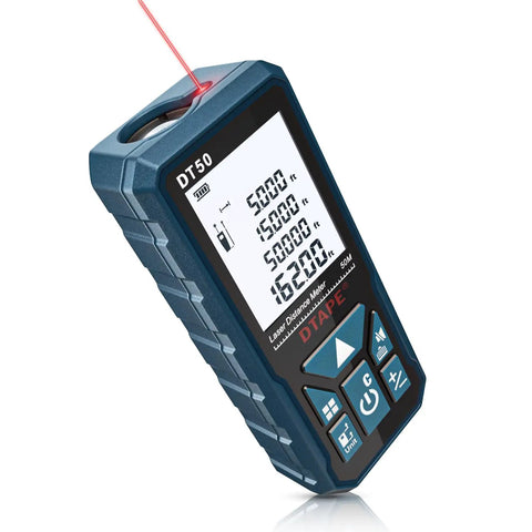 Pro Grade Laser Distance Meter With Backlit LCD Display For Precise Measuring, electronic tape measure showing 165 ft