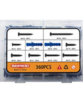 DIY Wood Screws Set M3 M4 M5 With Drywall Anchors Kit, 320 Carbon Steel Self Tapping Flat Head Screws And 40 Blue Nylon Expansion Anchors, Eight Lengths M3x16 M3x18 M4x20 M4x25 M4x30 M4x35 M5x30 M5x40 Phillips Drive, in box.