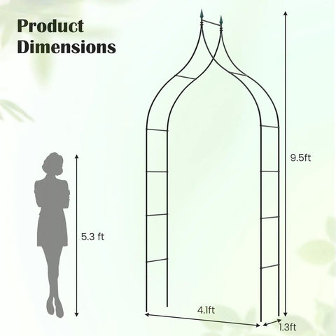 Metal Garden Arch Wedding Arbor With Gothic Spires 9.5 Ft High 4.1 Ft Wide Pergola dimensions comparison diagram