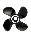 Fresh 4 Blade Aluminum Propeller Features Spitfire Geometry Delivering Legit Acceleration Boost And Slick Handling For 25 30 40Hp Outboards With 10 6 Inch Diameter And 12 Inch Pitch Right Hand Rotation top view of black propeller with four blades