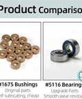 Comparison of #1675 bushings and #5116 bearings, featuring five pack 5116 ball bearings with blue rubber seals and 1985 PTFE coated washers for RC cars.