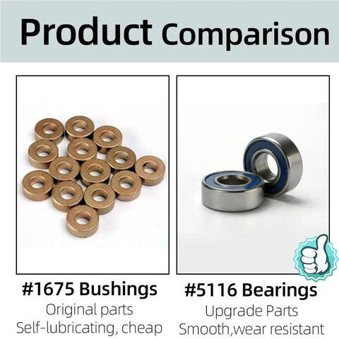 Comparison of #1675 bushings and #5116 bearings, featuring five pack 5116 ball bearings with blue rubber seals and 1985 PTFE coated washers for RC cars.