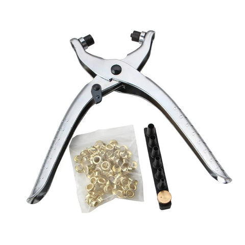 Top Rack Interchangeable Rivet Plier And Grommet Eyelet Snap Fastener Hand Press Kit, steel tool with eyelets and nozzles.