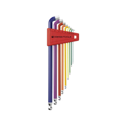 Long Ball End Hex Wrench Set With Stubby Tips And 100 Degree Angle For Extra Knuckle Room Metric 1.5 To 10 Mm In Holder Each Wrench A Different Rainbow Color For Quick Identification And Selection