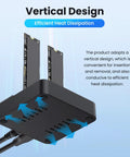 Dual Bay NVMe M.2 SSD Docking Station Offering Offline Clone Duplicator Functionality With 20Gbps USB 3.2 Interface, vertical design for heat dissipation.