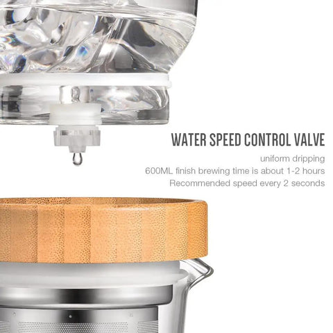 Water speed control valve of Top Shelf 800 Milliliter Glass Ice Drip Cold Brew Coffee Maker with smooth flow filter.