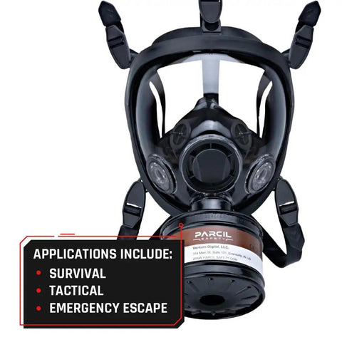 Beefy Survival Respirator Mask For Smoke And Chemical Protection With Industry Standard 40mm Gas Filter Canister Compatibility shown