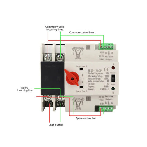 Automatic Transfer Switch 2 Pole AC 110V 100A Power Transfer Switch For Generator Changeover DIN Rail Mounted Electrical Selector No Fuss Self Throwing And Self Returning Design For Reliable Backup Power with wiring diagram