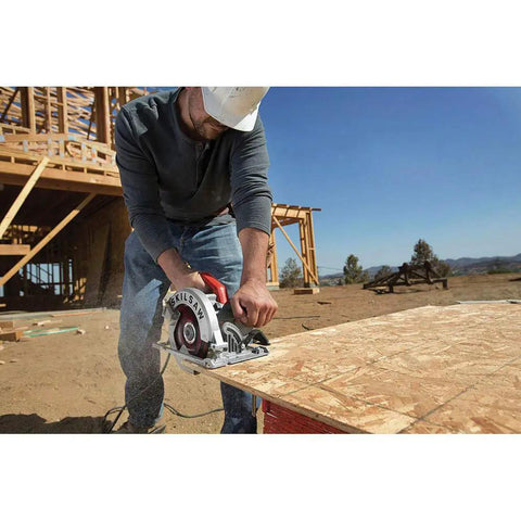 All Magnesium Sidewinder Circular Saw With 15 Amp Dual Field Motor And 7-1/4 Inch Blade cutting through wood on a jobsite.