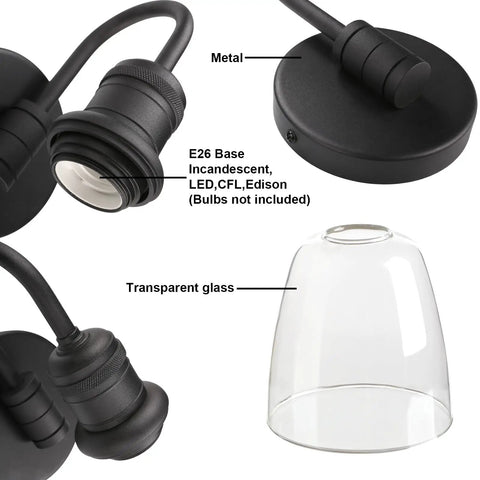 Dope Retro Black Gooseneck Wall Sconce 1 Light Industrial Aluminum Fixture With Clear Glass Shade E26 Bulb Compatible detail