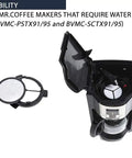 Replacement Charcoal Water Filter Disks For Coffee Makers 12 Pack shown with compatible Mr. Coffee machine.