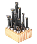 Front view of 12-piece F1 Type boring cutter set, 5/8 in, HSS CNC milling tools in wooden stand