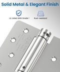 Snag These Heavy Duty 4 Inch Self Closing Door Hinges 2 Pack Spring Loaded Satin Nickel Hardware close-up showing UL Listed ANSI Grade 1 quality.