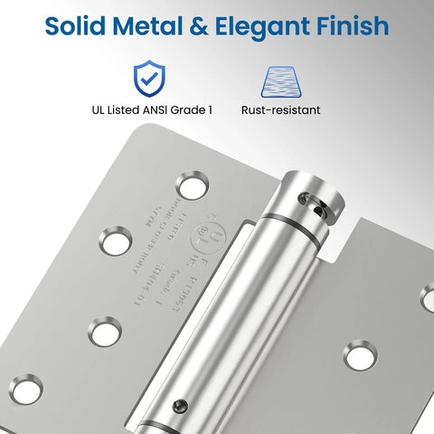 Snag These Heavy Duty 4 Inch Self Closing Door Hinges 2 Pack Spring Loaded Satin Nickel Hardware close-up showing UL Listed ANSI Grade 1 quality.