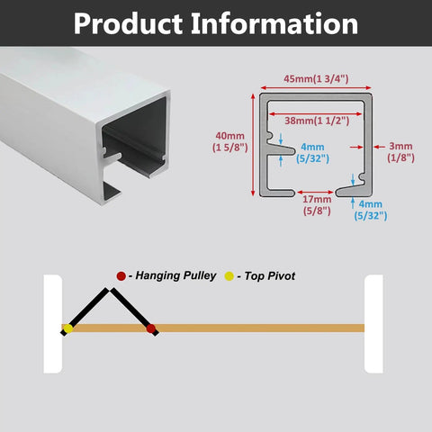 Premium Bi Fold Sliding Barn Door Hardware Kit With Sturdy Aluminum Track Set dimensions and assembly details on a diagram.