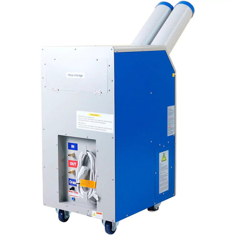 Built Rock Solid Water Cooled Portable Air Conditioner Dropping Legit 16000 Btu Chill For Shops Without Messy Vents Plus Heavy Duty Swivel Casters For Easy Rolling rear view with hoses and drainage connection.
